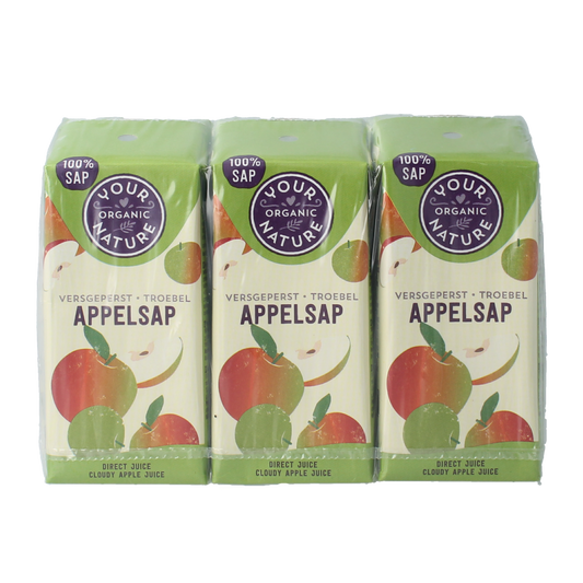 Organic Your Organic Nature apple juice 200ml, bio, in a pack of six, displayed in a clear glass bottle with fresh apples around.