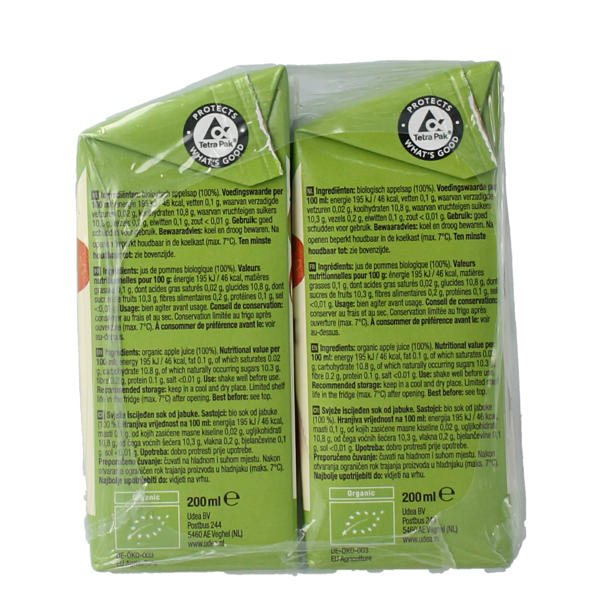 Organic Your Organic Nature apple juice in 200ml bottles, natural and bio, six-pack of refreshing fruit drinks.