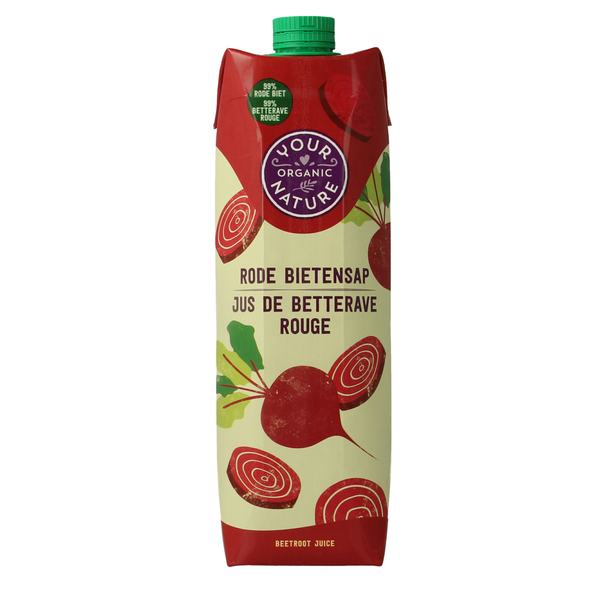 Organic beetroot juice bottle from Your Organic Nature, 1 liter, with fresh beets and natural ingredients visible in the image.