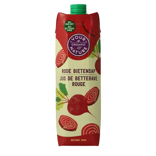 Organic beetroot juice bottle from Your Organic Nature, 1 liter, with fresh beets and natural ingredients visible in the image.