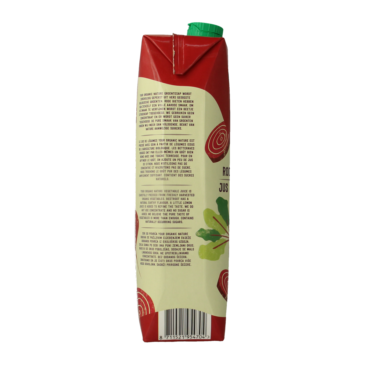 Organic beetroot juice bottle from Your Organic Nature, 1 liter, in a clear glass bottle with a colorful label.