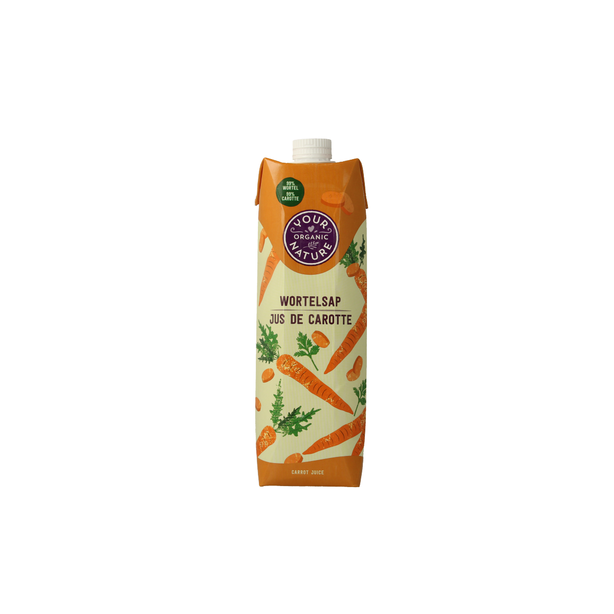Glass of fresh organic carrot juice from Your Organic Nature, 1-liter bottle, in a clear glass with a vibrant orange color.