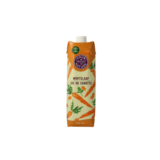 Glass of fresh organic carrot juice from Your Organic Nature, 1-liter bottle, in a clear glass with a vibrant orange color.