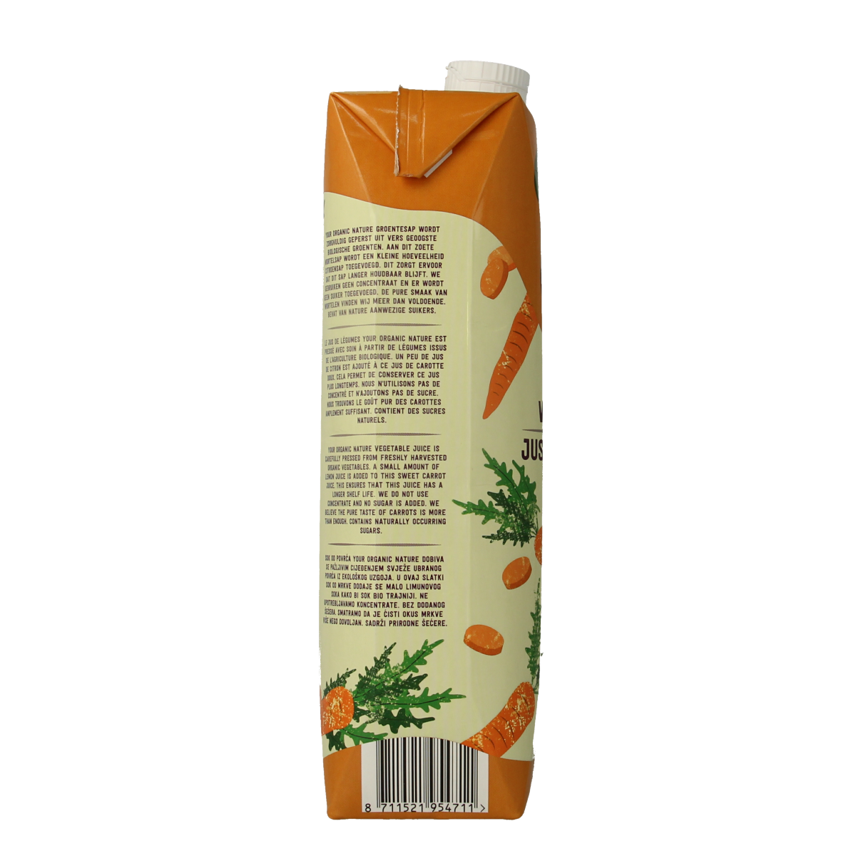 Organic carrot juice by Your Organic Nature in a 1-liter bottle, showcasing fresh, vibrant orange carrot liquid.