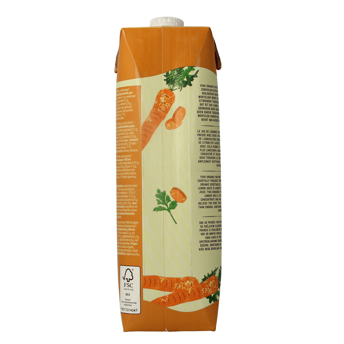 Organic carrot juice by Your Organic Nature in a 1-liter bottle, showcasing a fresh, vibrant orange beverage.