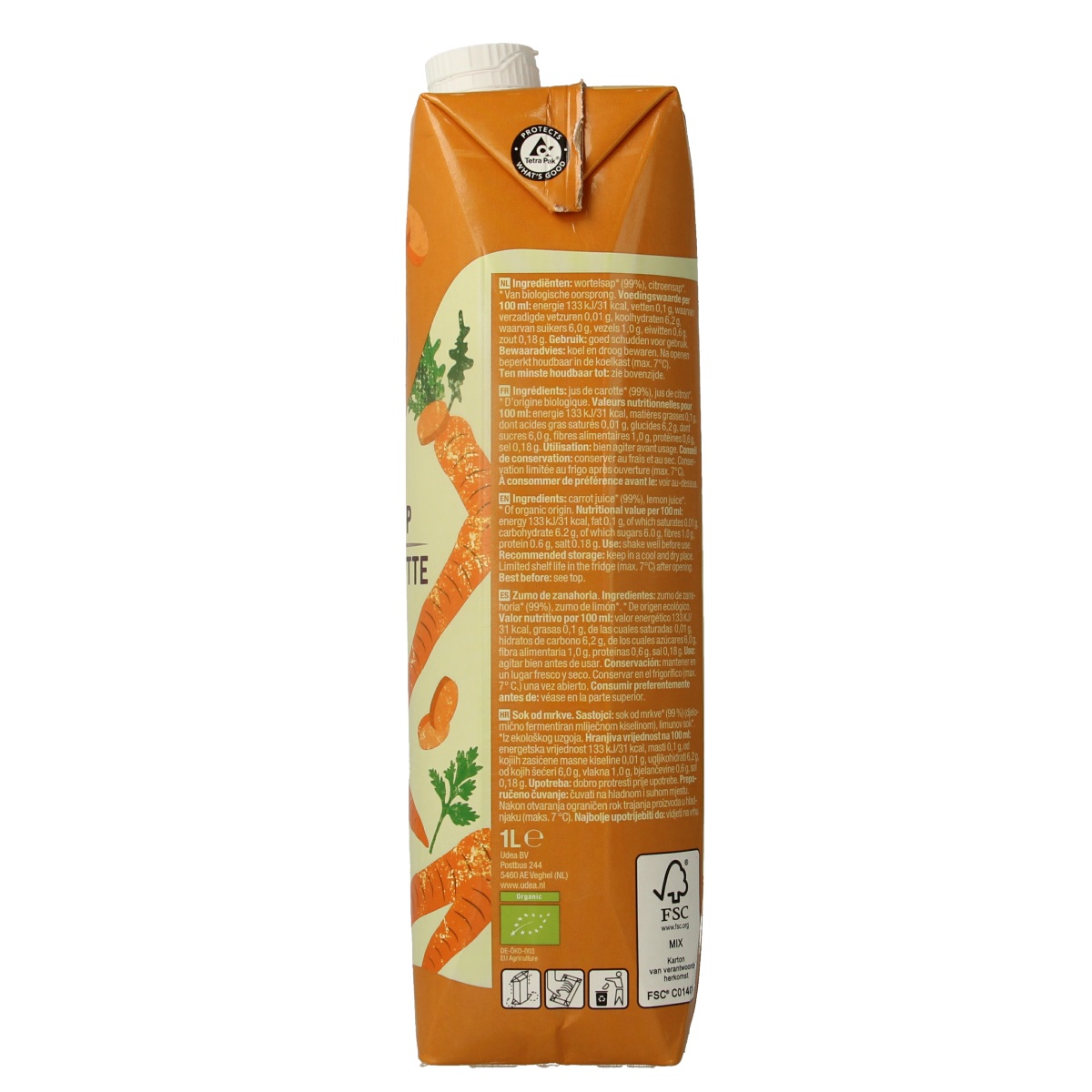 Organic carrot juice by Your Organic Nature in a 1-liter bottle, showcasing fresh, vibrant orange carrots and liquid inside.