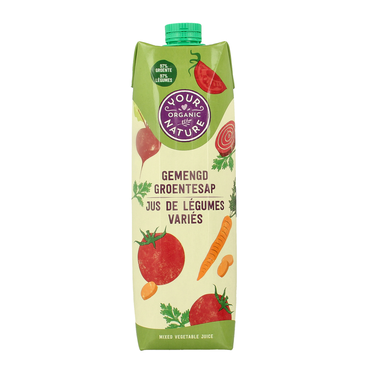 Your Organic Nature organic mixed vegetable juice in a 1-liter bottle, showcasing fresh vegetables on the label.