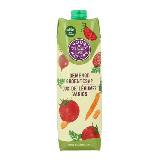 Your Organic Nature organic mixed vegetable juice in a 1-liter bottle, showcasing fresh vegetables on the label.