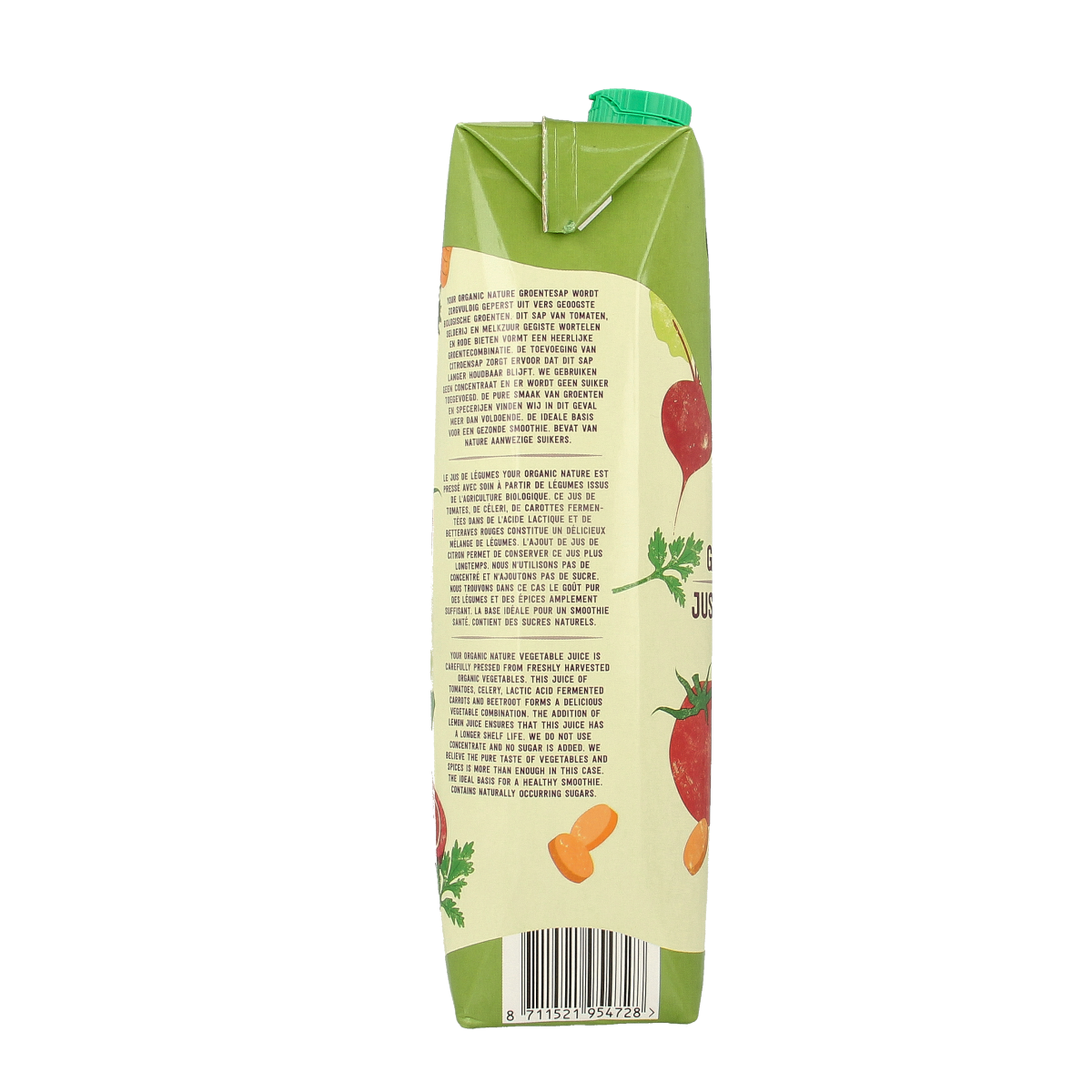 Organic Your Organic Nature mixed vegetable juice in a 1-liter bottle, fresh and natural in a clear glass with a vibrant color