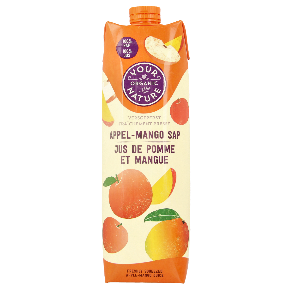 Your Organic Nature organic Appel mango sap in 1-liter bottle, natural fruit juice from apples and mangoes, in a clear plastic container.