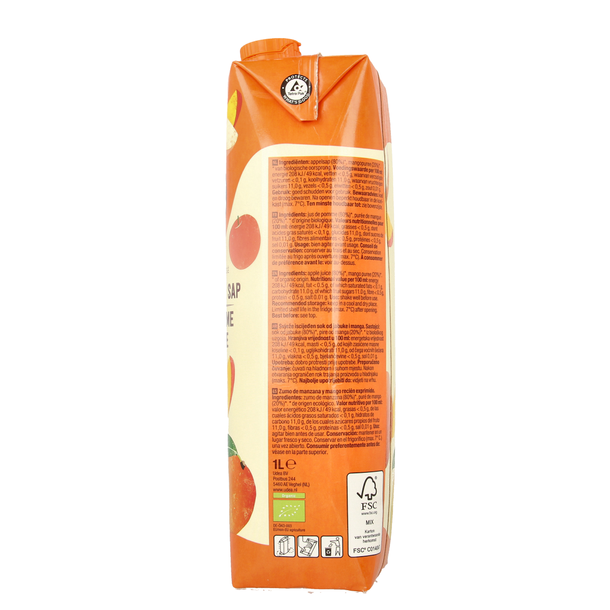 Organic apple mango juice from Your Organic Nature in a 1-liter bottle, natural fruit drink, and bio-certified.