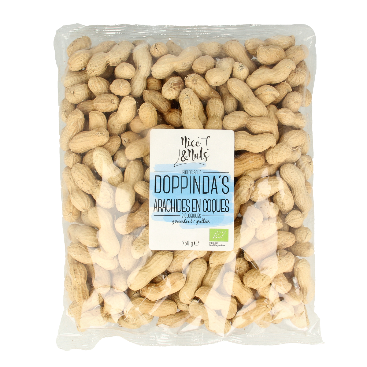 Nice & Nuts Doppinda's organic roasted snack mix in a 750g bag, featuring assorted nuts and dried fruit.
