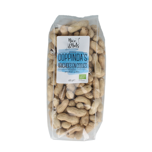 Nice & Nuts Doppinda's roasted organic snack mix in a 400g bag, featuring a variety of tasty roasted nuts and dried fruits.