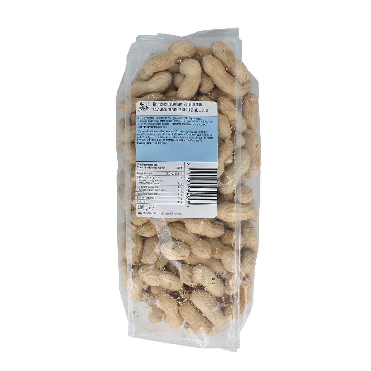 Nice & Nuts Doppinda's roasted organic snack mix in a 400g package, featuring a variety of crunchy nuts and dried fruits.