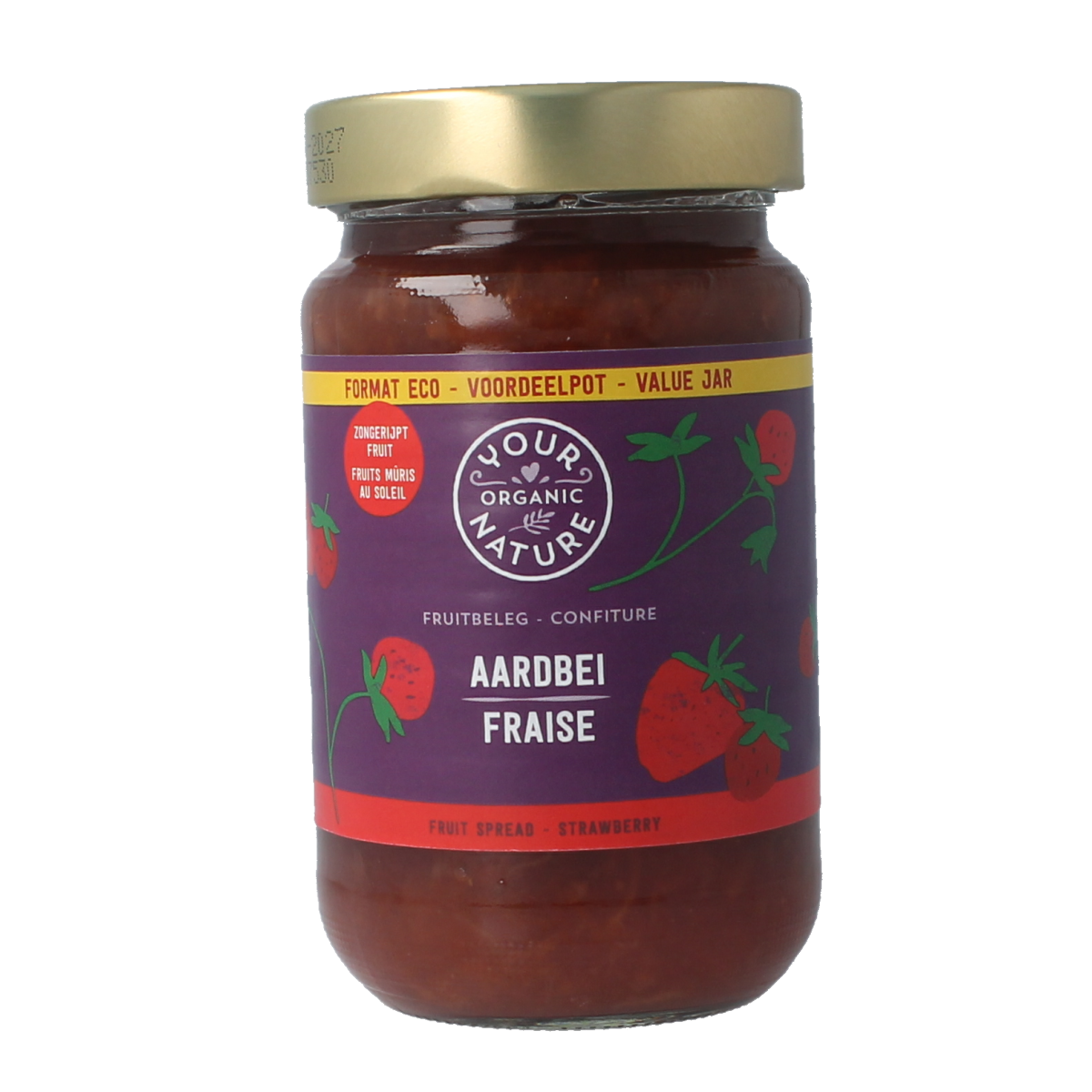 Organic Your Organic Nature strawberry fruit spread on bread, 375g jar, natural berry jam with fresh strawberries.