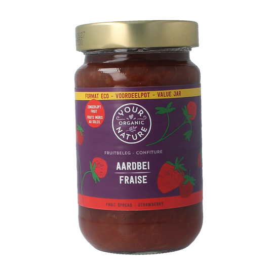 Organic Your Organic Nature strawberry fruit spread on bread, 375g jar, natural berry jam with fresh strawberries.