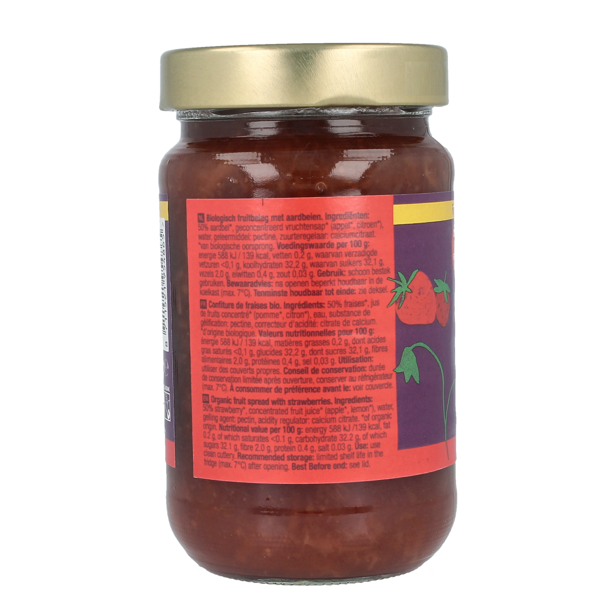 Jar of Your Organic Nature strawberry fruit spread on bread, showcasing the organic strawberry fruitbeleg for breakfast or snacks.