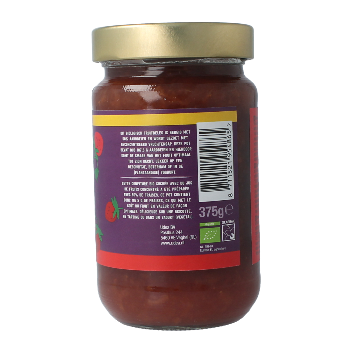 Organic strawberry fruit spread by Your Organic Nature on a jar with a label, perfect for spreading on bread or toast.