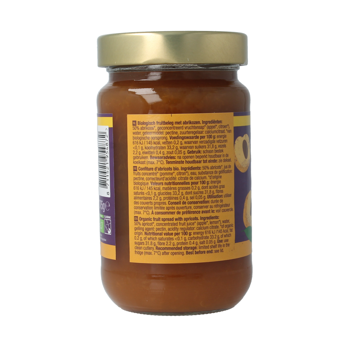 Organic Nature apricot fruit spread on bread, 375g jar, natural bio fruit preserve with fresh apricot flavor.