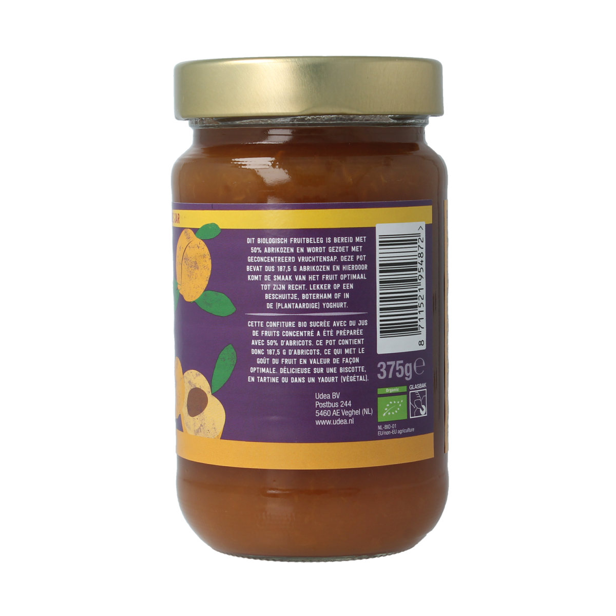 Organic apricot fruit spread by Your Organic Nature on bread, showcasing a jar of bio fruit jam with apricots and spreadable texture.