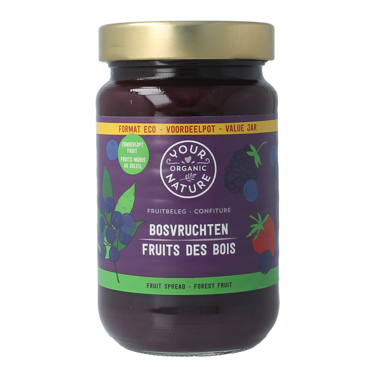 Your Organic Nature fruit spread for bread, organic bosvruchten flavor in a 375g jar, with fresh fruit visible on the label.