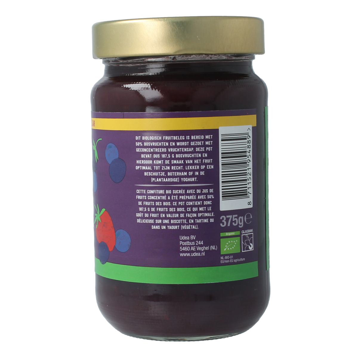 Organic Nature fruit spread on bread, showcasing a jar of Your Organic Nature bio fruitbeleg with assorted bosvruchten.