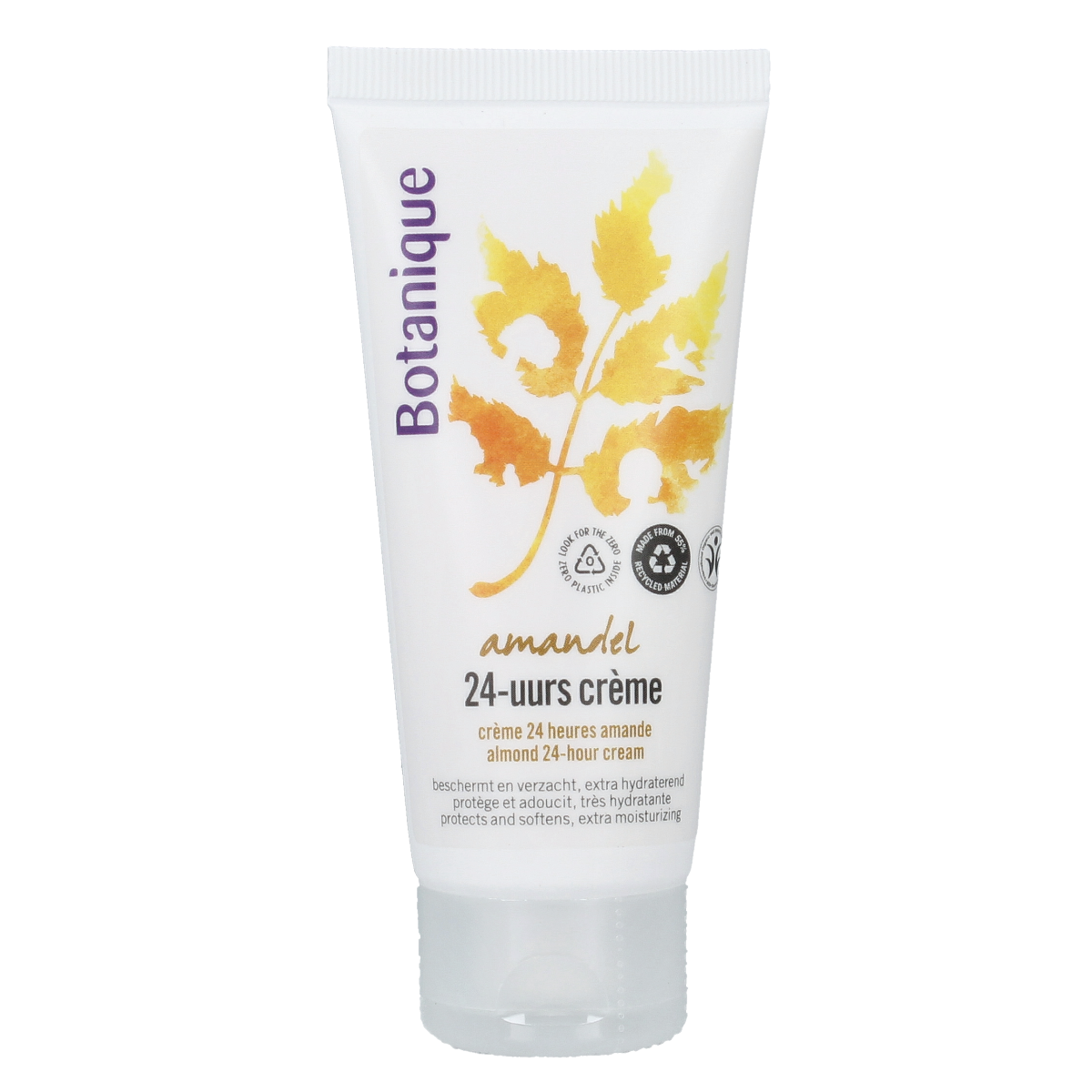 Botanique 24-hour almond face cream in 50ml jar, nourishing skincare product for daily facial hydration.