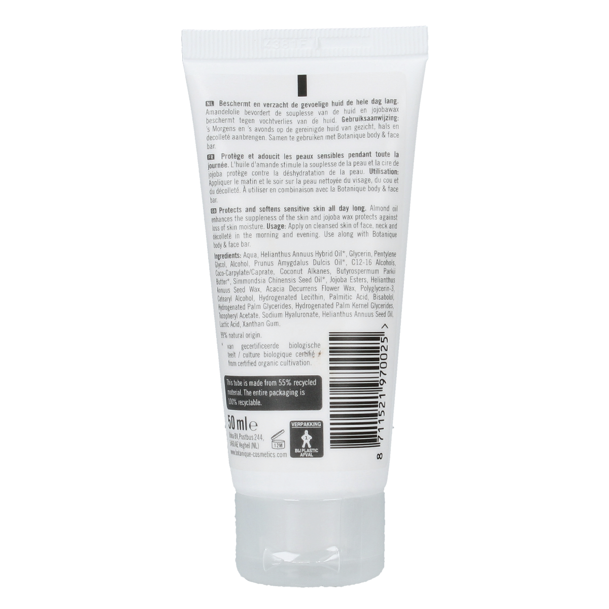 Botanique 24-hour almond face cream in 50ml jar, featuring a smooth texture and almond-infused skincare for nourishing hydration.