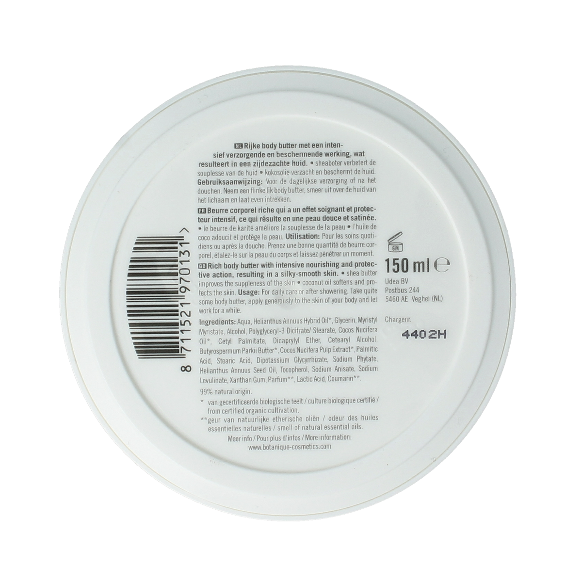 Botanique Kokos Body Butter in 150ml jar, creamy moisturizer for soft, nourished skin, natural body care from Botanique.