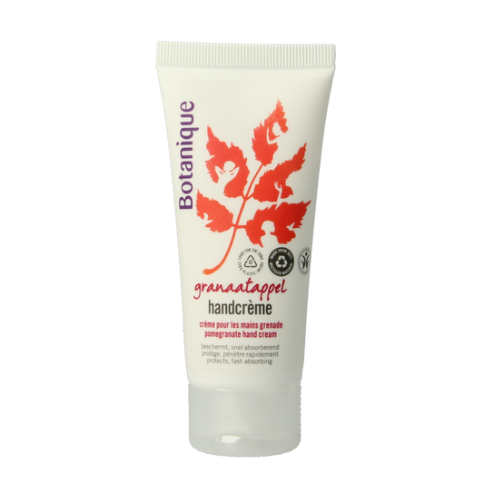Botanique hand cream with pomegranate scent in 50ml tube, nourishing hand care product with vibrant pomegranate imagery.