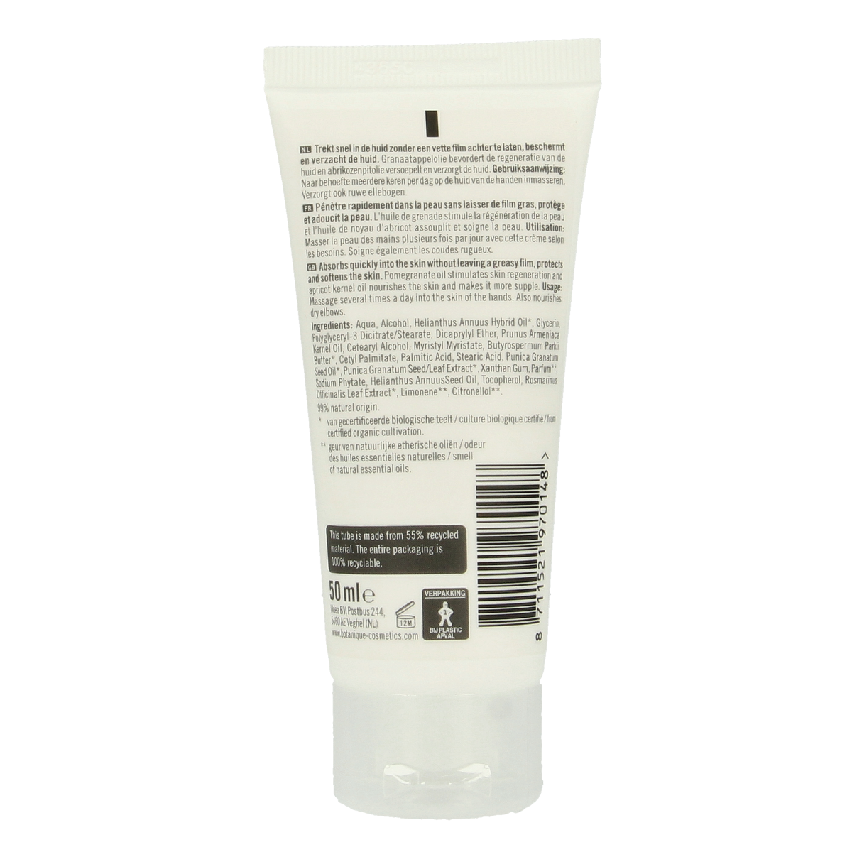 Botanique Granaatappel Handcreme in a 50ml tube, nourishing hand care product with pomegranate extract.