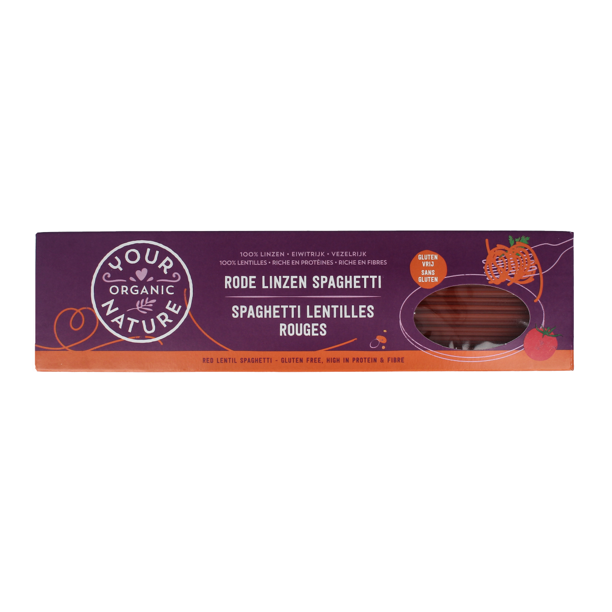 Organic Your Organic Nature spaghetti with red lentils in 250g package, gluten-free pasta and rice alternative.