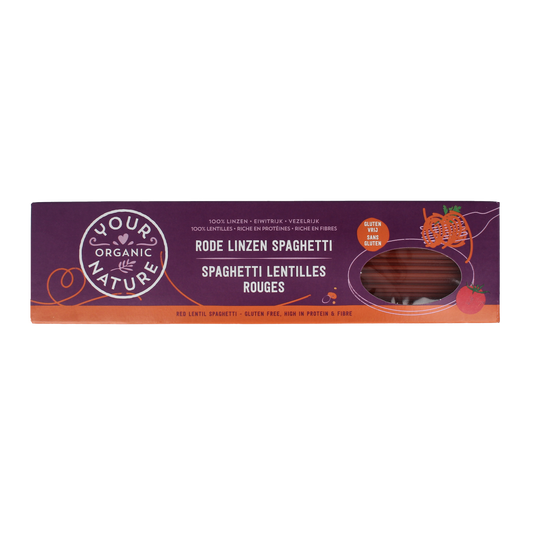 Organic Your Organic Nature spaghetti with red lentils in 250g package, gluten-free pasta and rice alternative.