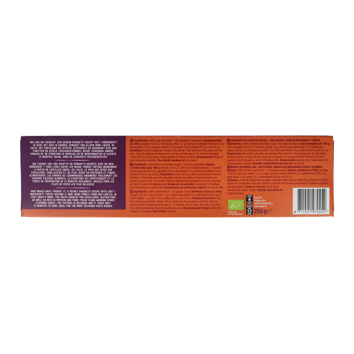 Organic Your Organic Nature spaghetti and red lentil pasta, 250g, in a clear package, showcasing the pasta shapes and vibrant colors.