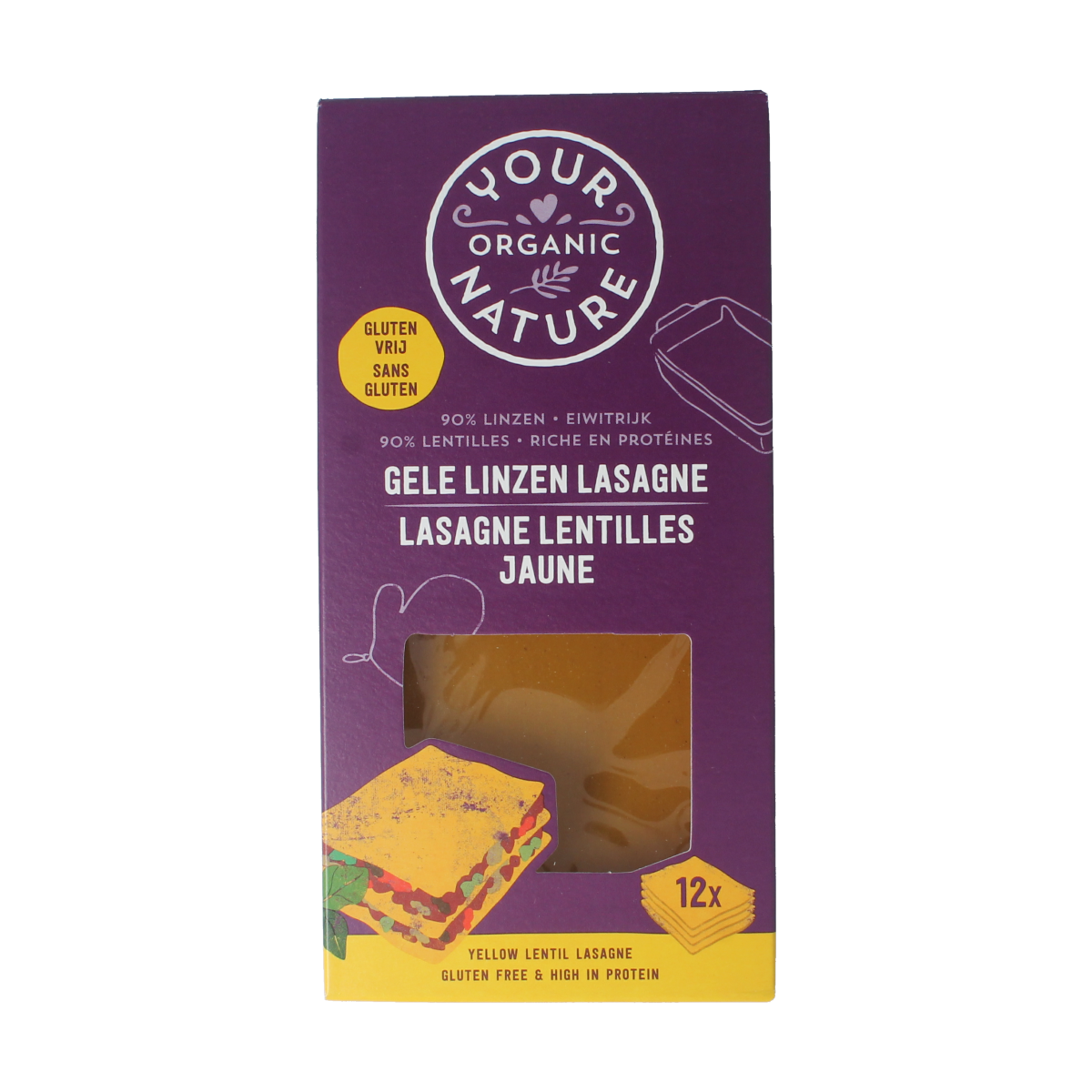 Organic Your Organic Nature lentil lasagne pasta in 250g package, showcasing the natural, uncooked pasta with lentil ingredients.