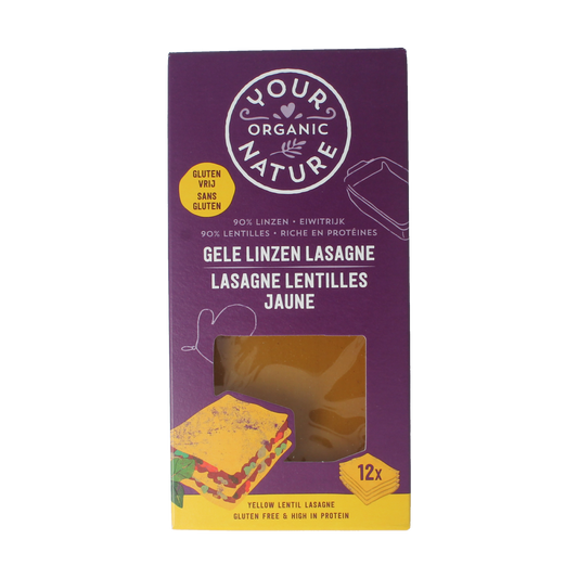 Organic Your Organic Nature lentil lasagne pasta in 250g package, showcasing the natural, uncooked pasta with lentil ingredients.