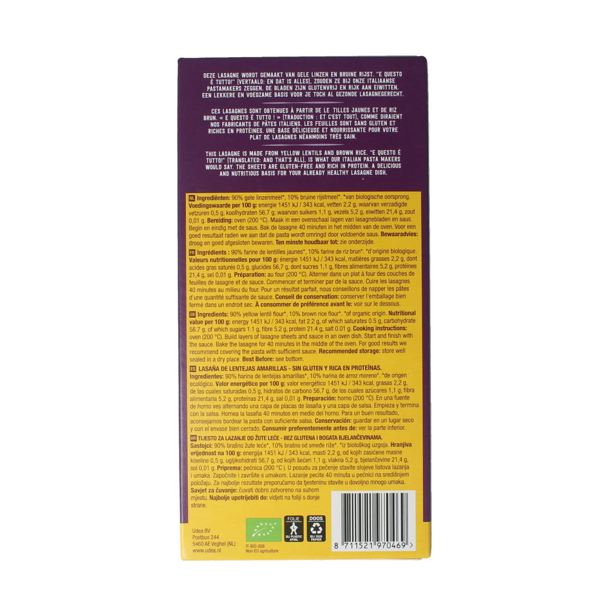 Organic Your Organic Nature Lentil Lasagne pasta, 250g, with yellow lentils for a healthy, gluten-free pasta option.