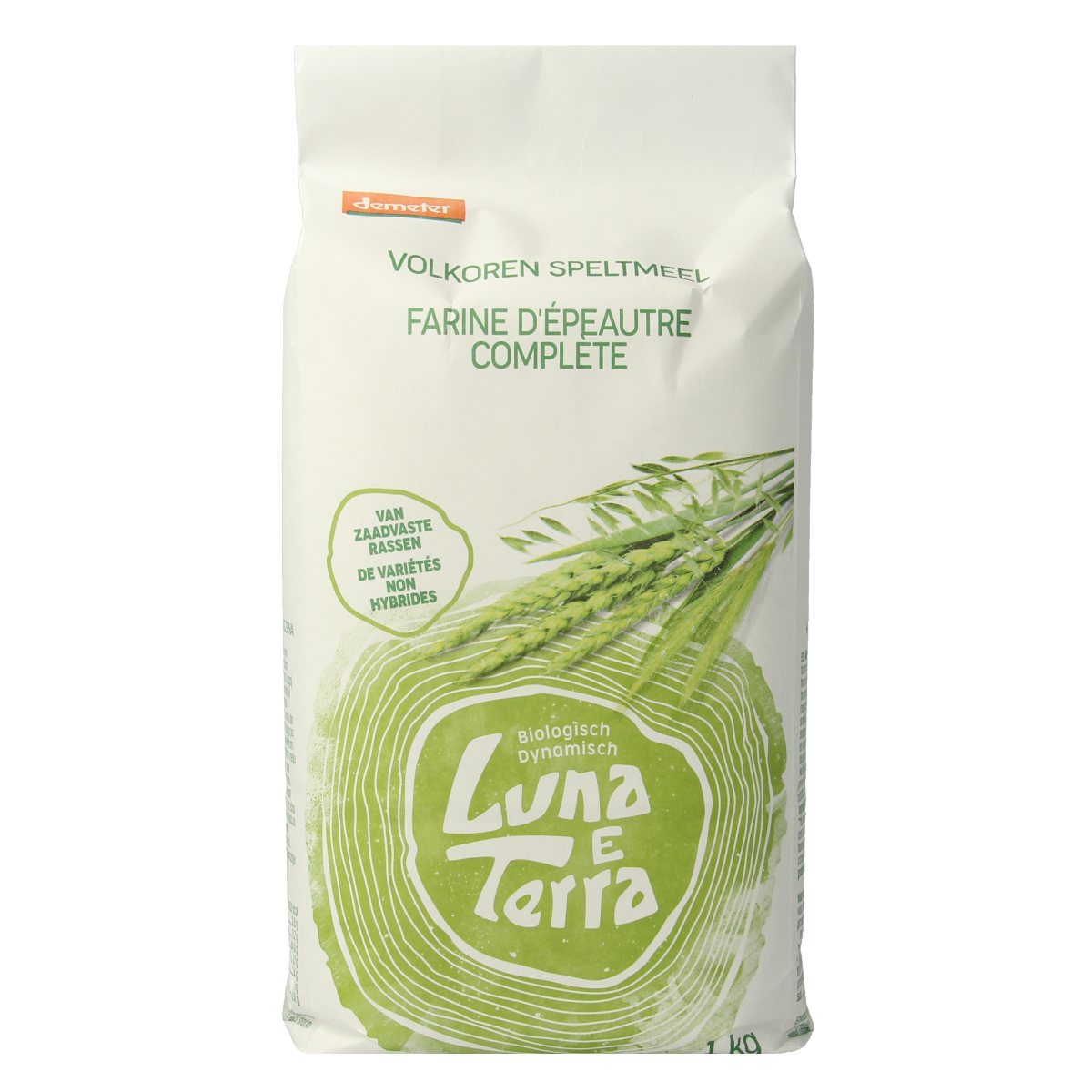 Luna E Terra organic whole spelt flour in a 1kg bag, Demeter biodynamic label, ideal for baking and cooking.
