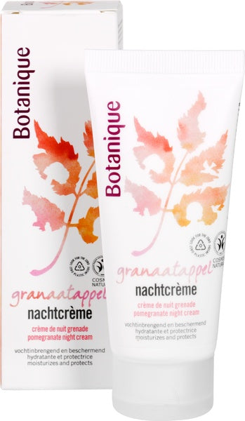 Botanique Nachtcreme granaatappel gezichtsverzorging jar with pink and purple packaging and open lid showing cream inside