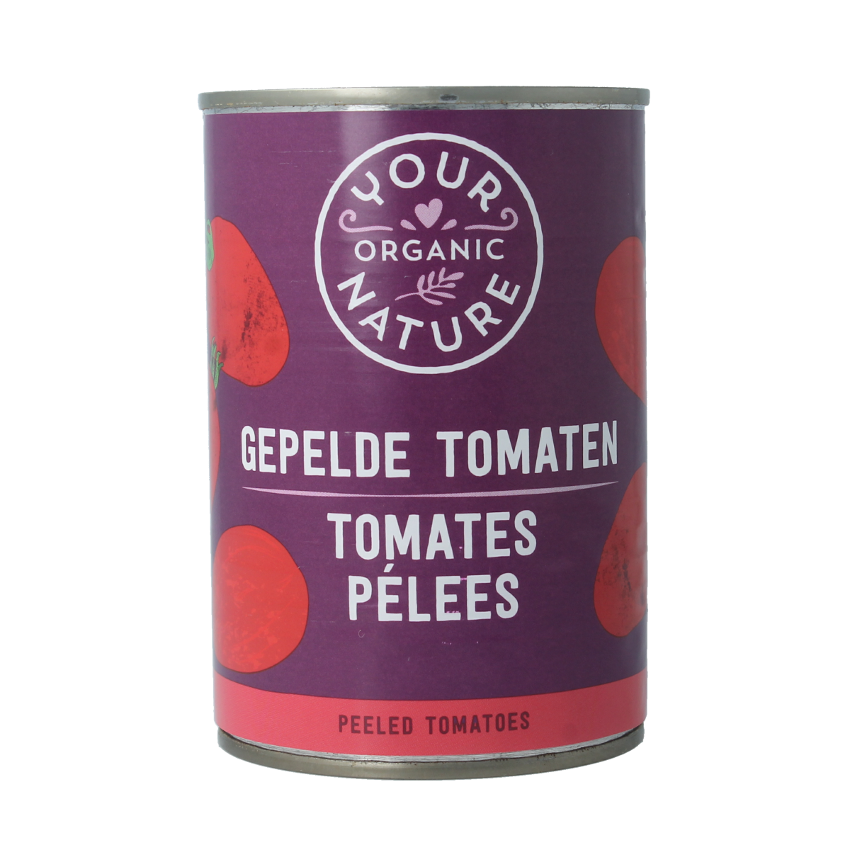 Canned organic peeled tomatoes from Your Organic Nature, 400g, showcasing ripe, peeled tomatoes in a transparent can.
