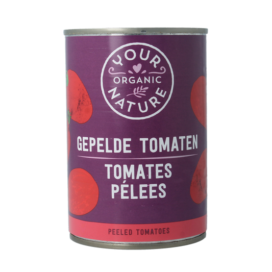 Canned organic peeled tomatoes from Your Organic Nature, 400g, showcasing ripe, peeled tomatoes in a transparent can.