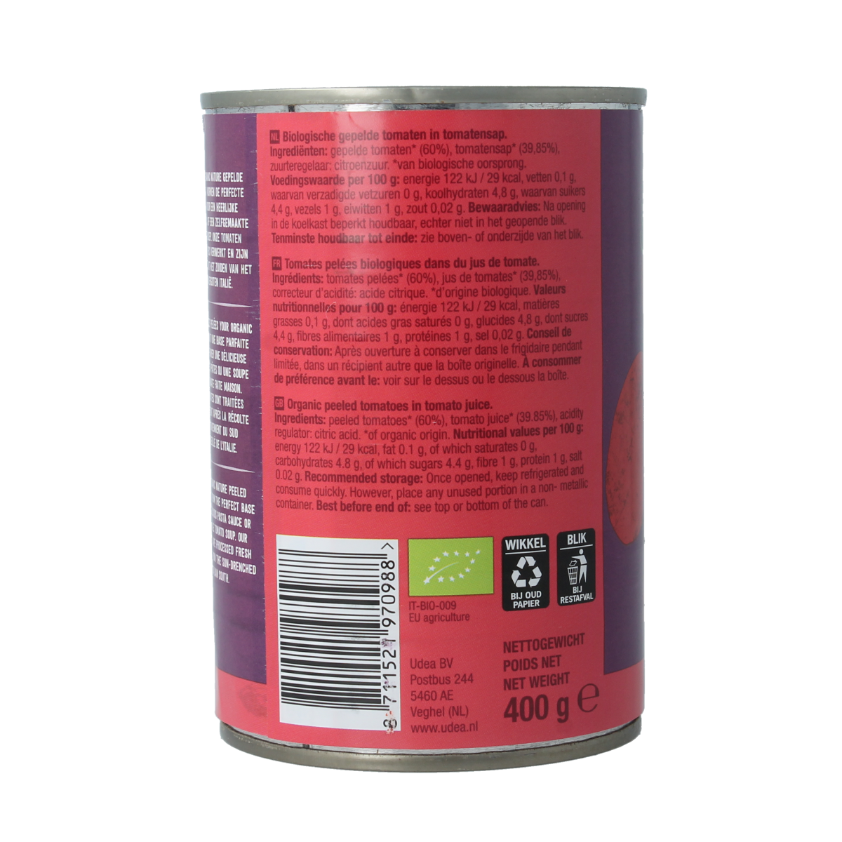 Canned peeled organic tomatoes from Your Organic Nature in a 400g can, showcasing ripe, red tomatoes ready for cooking.