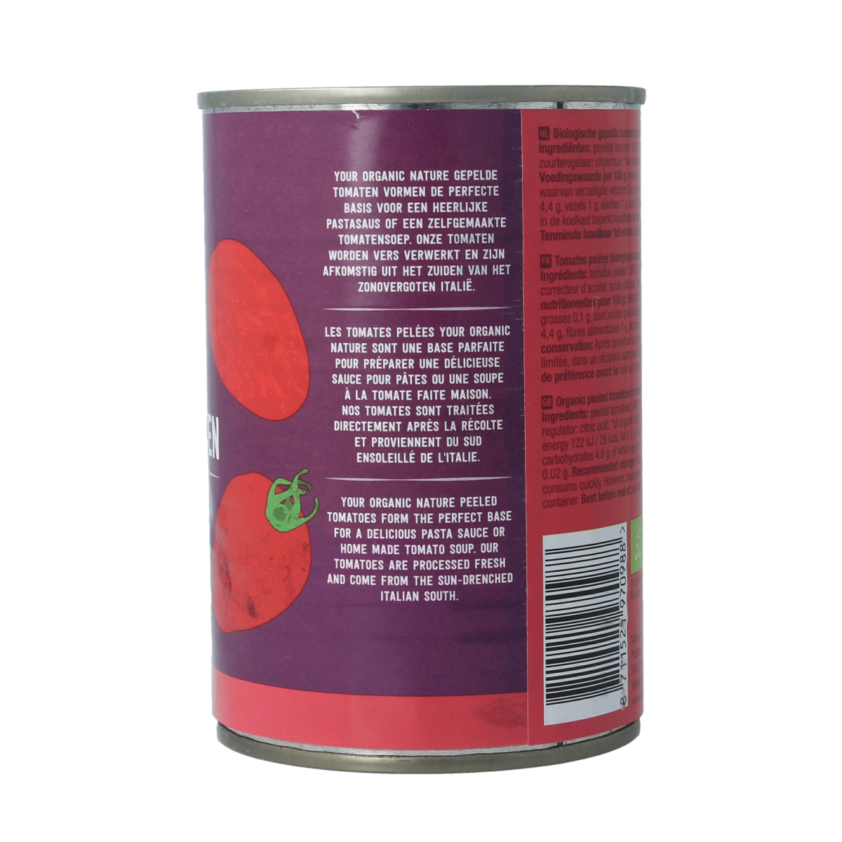 Canned peeled organic tomatoes from Your Organic Nature in a 400g can, ready for cooking or recipes.