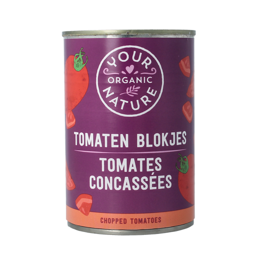 Organic Your Organic Nature Tomatenblokjes in 400g package, fresh chopped tomatoes for cooking and recipes.