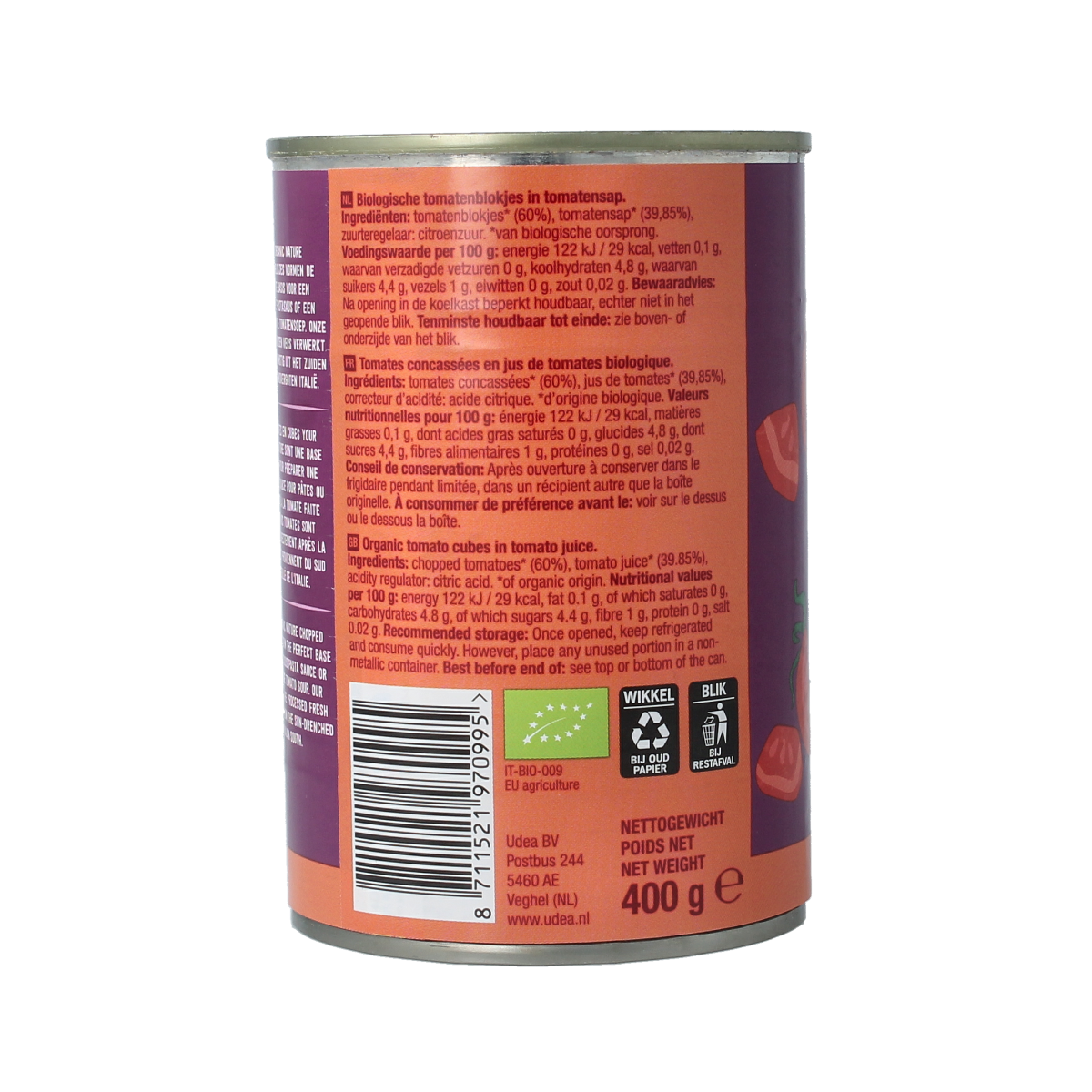 Organic Your Organic Nature tomato cubes in 400g package, fresh diced tomatoes for cooking and recipes.
