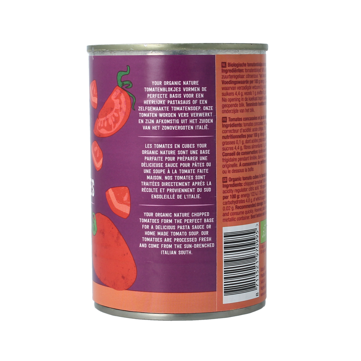 Organic Your Organic Nature tomato cubes in a 400g pack, fresh and natural, ideal for cooking and adding flavor to dishes.