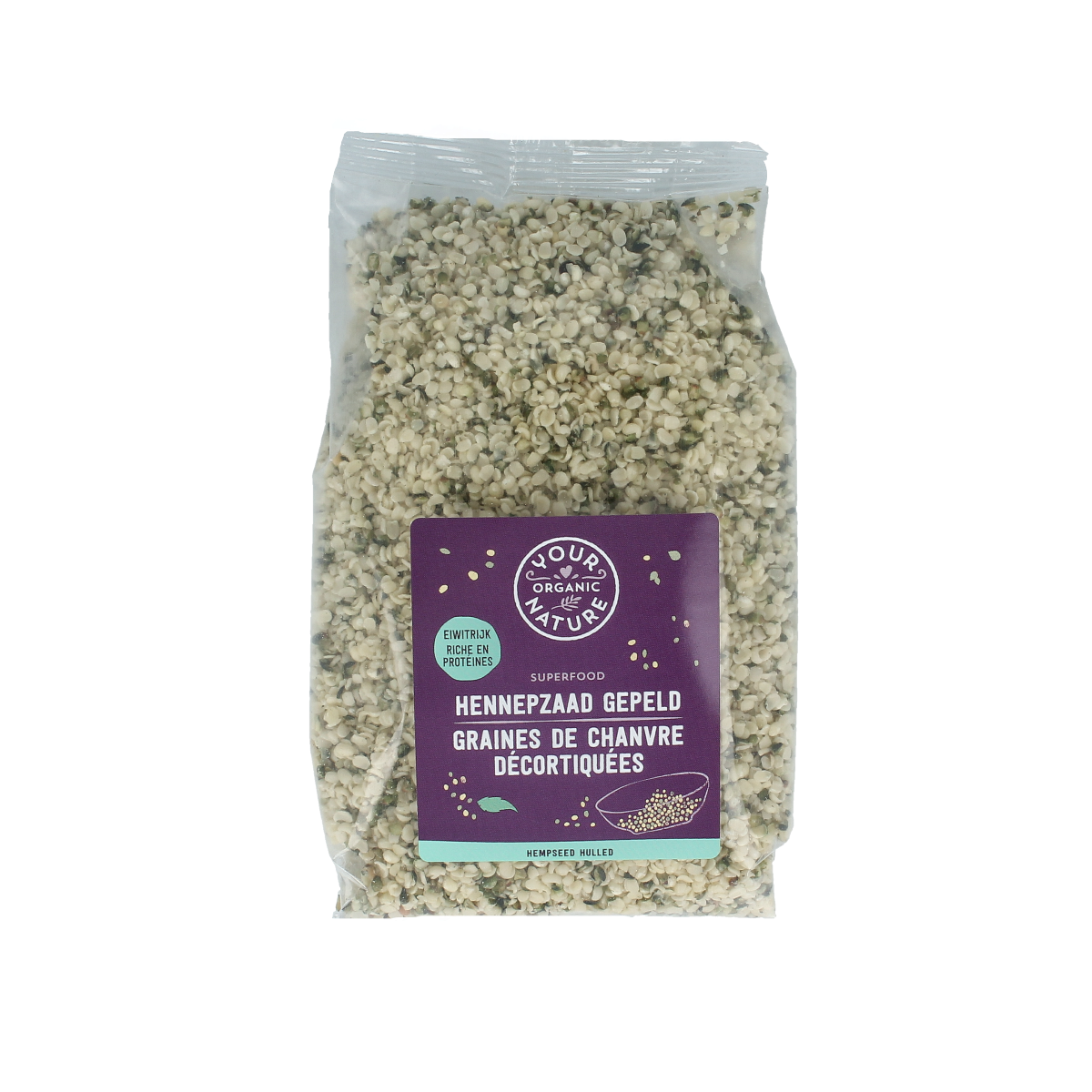 Raw organic hemp seeds from Your Organic Nature in a 250g package, natural superfood rich in nutrients.