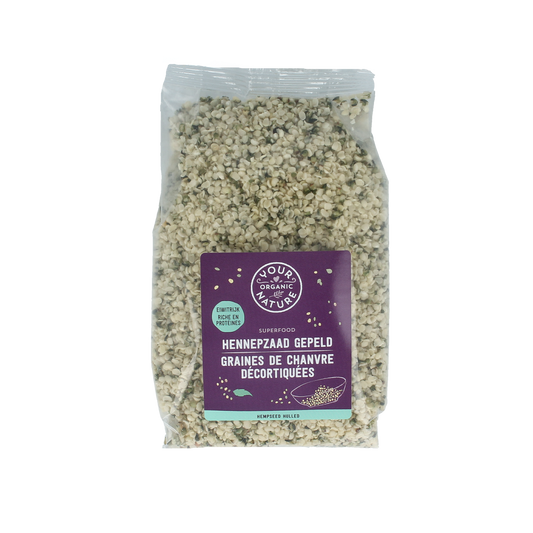 Raw organic hemp seeds from Your Organic Nature in a 250g package, natural superfood rich in nutrients.