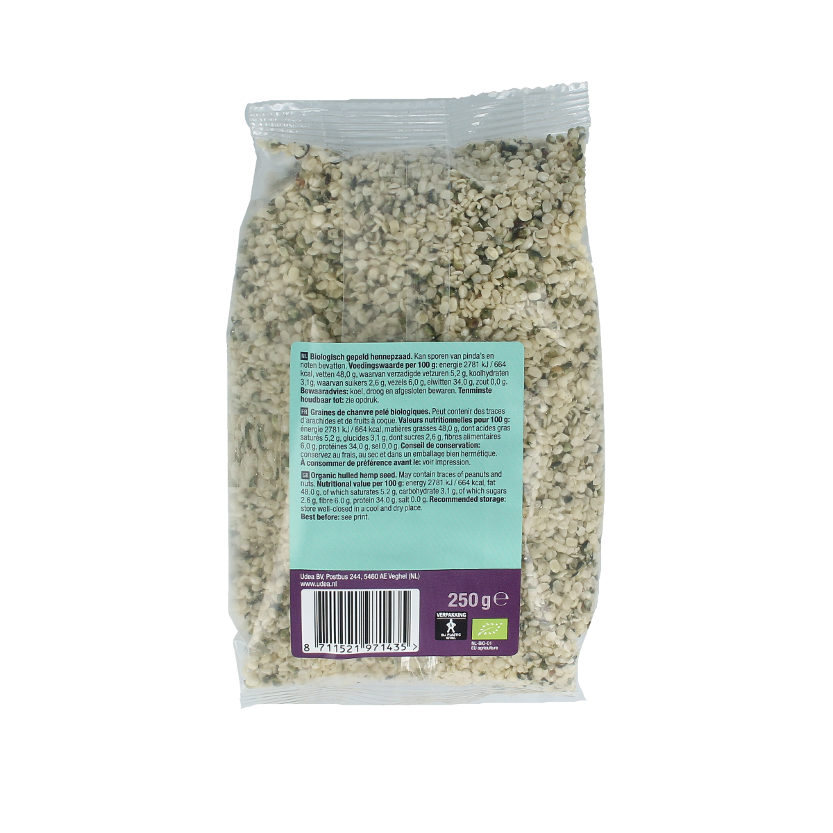 Raw organic hemp seeds from Your Organic Nature, 250 grams, shown in a clear view of the seed texture and packaging.