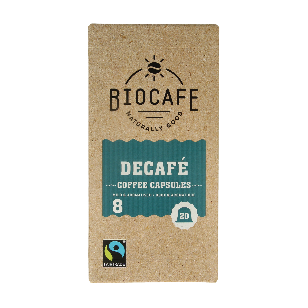Biocafe Decafe coffee capsules in a box of 20, biodegradable coffee capsules for use with compatible coffee machines.
